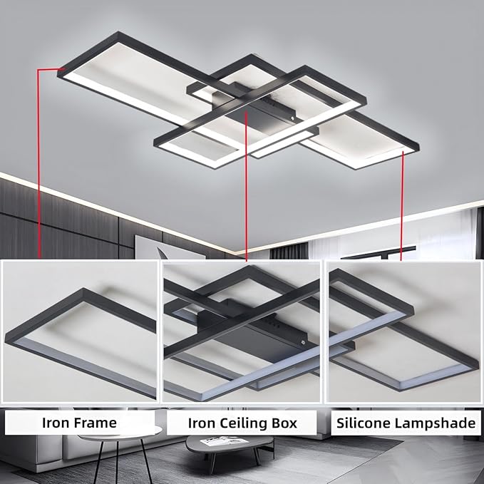 Flush Mount Modern LED Ceiling Light Fixture,With remote control Dimmable 3 Color Selectable Ceiling Lamp Ceiling Light for sitting room Kitchen Bedroom Hallway Porch (Black, 31.5*17.7*3.5 IN)