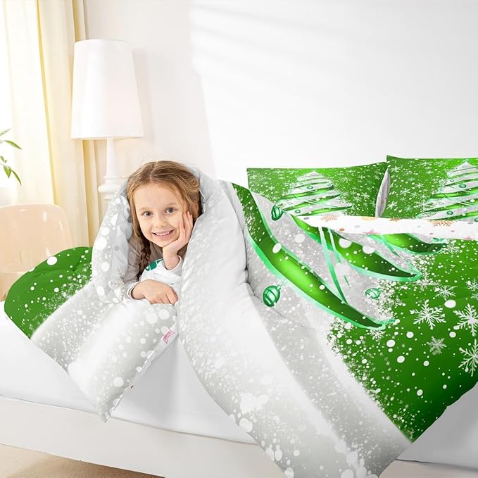 Feelyou Merry Christmas Comforter Set All Season Christmas Tree Bedding Set with 2 Pillow Cases Snowflake Microfiber Kids Queen Bedclothes Winter Bedroom Decor Duvet Quilt Breathable Soft