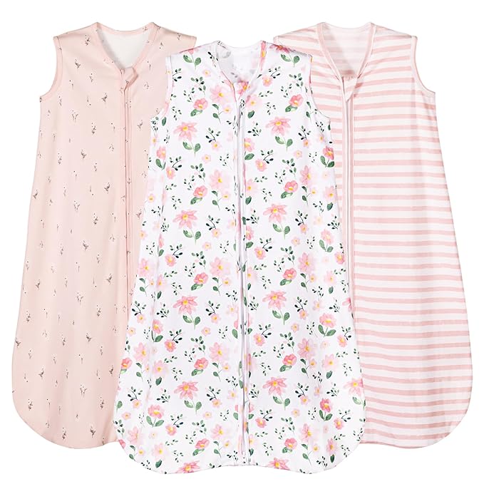 PHF Soft Baby Sleep Sack 6-12 Months 100% Organic Cotton Wearable Blanket, 2-Way Zipper 0.5 TOG Toddler Sleeping Sack 3 Pack, Comfy Sleep Bag for Baby Girls, Pink Floral (Medium)