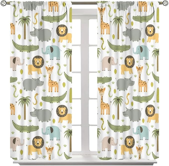 Nursery Safari Animals Window Curtains,Cartoon Woodland Jungle Forest Lion Elephant Giraffe Printed Pattern Blackout Drapes for Living Room Baby Boy Kids Bedroom 42x63in