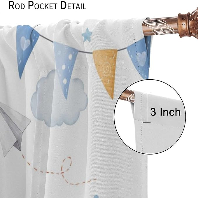 Blue Bear Curtains, Cute Lovely Bear Adventure Airplane Cloud Pastel Blackout Window Treatments, Rod Pocket Thermal Insulated Drapes 2 Panel Sets for Kids Bedroom Nursery Classroom, 55"W X 63"L