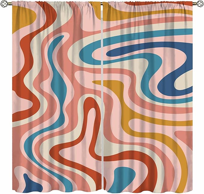 70S Abstract Wavy Swirl Curtain for Bedroom Windows,Retro Boho Minimal Teen Girls Kids Living Room Restroom Window Treatments Drapes 55" W X 63" L