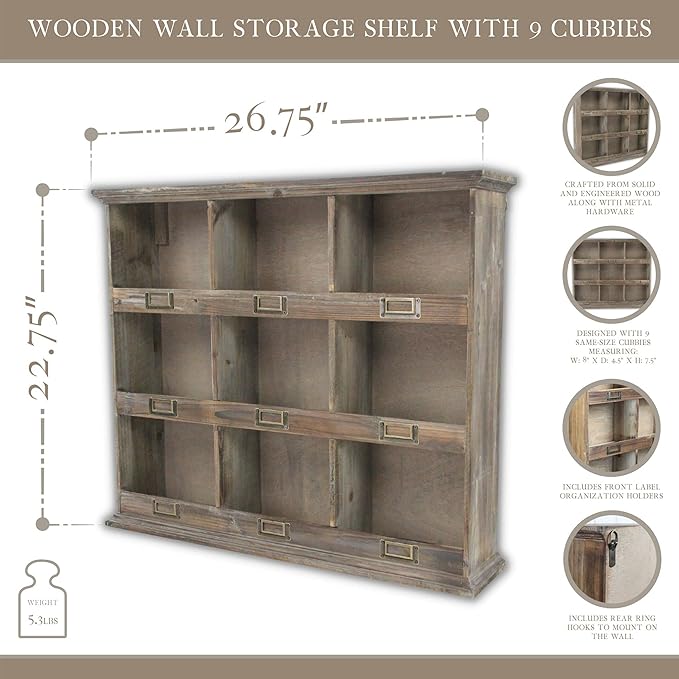 Contemporary Home Living 26.75" Brown Vintage Distressed Wooden Wall with 9ct Cubbies