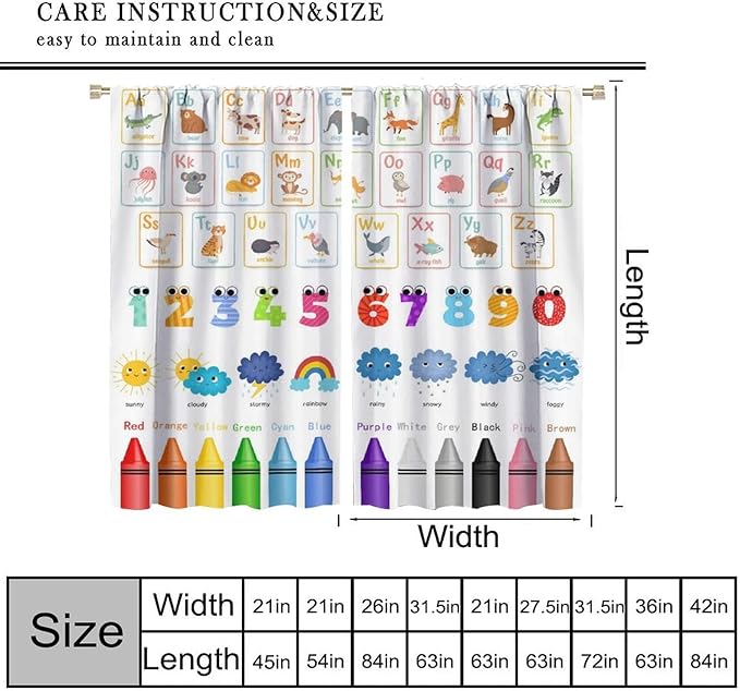 Kids Alphabet Curtains Cartoon Animal Funny Learning Colorful Educational Nursery Curtain with Rod Pocket for Bedroom Classroom Decor Drapes Window Treatments 2 Panels Set 72" W X 63" L