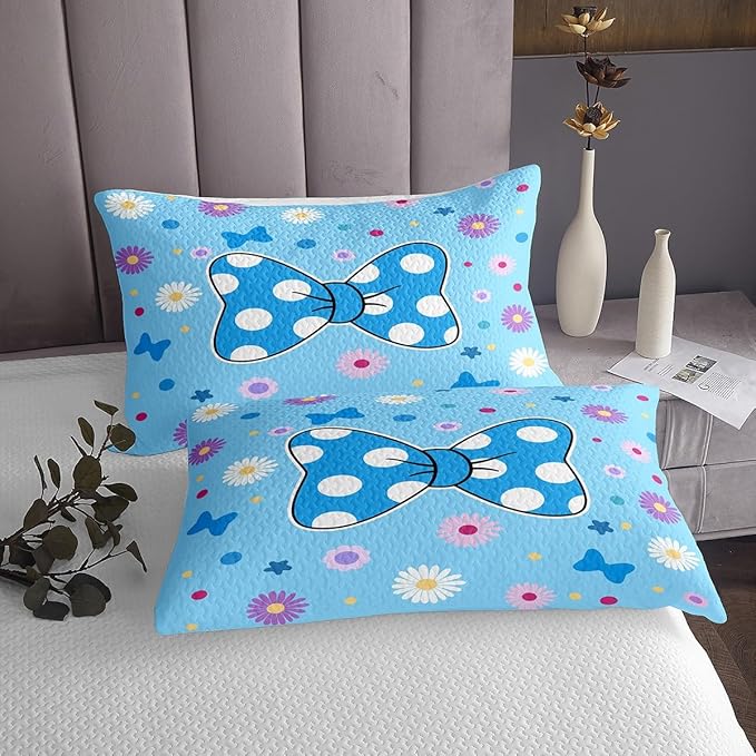 Manfei Blue Bowknot Kids Bedspread Twin Size,Daisy Flowers Geometric Dot Patchwork Coverlet Set,Girls Women Room Decor,Star Bow Tie Princess Quilted Coverlet,Cute Dreamy Bedding Quilt,1 Pillowcase