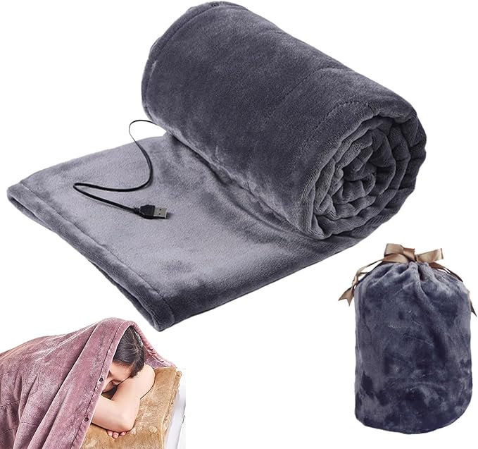 Portable Heated Blanket Throw - USB Charging Flannel Electric Blankets, Fast Heating Warming Winter Throw Blanket for Women, Machine Washable (Gray, 55X31 Inches)