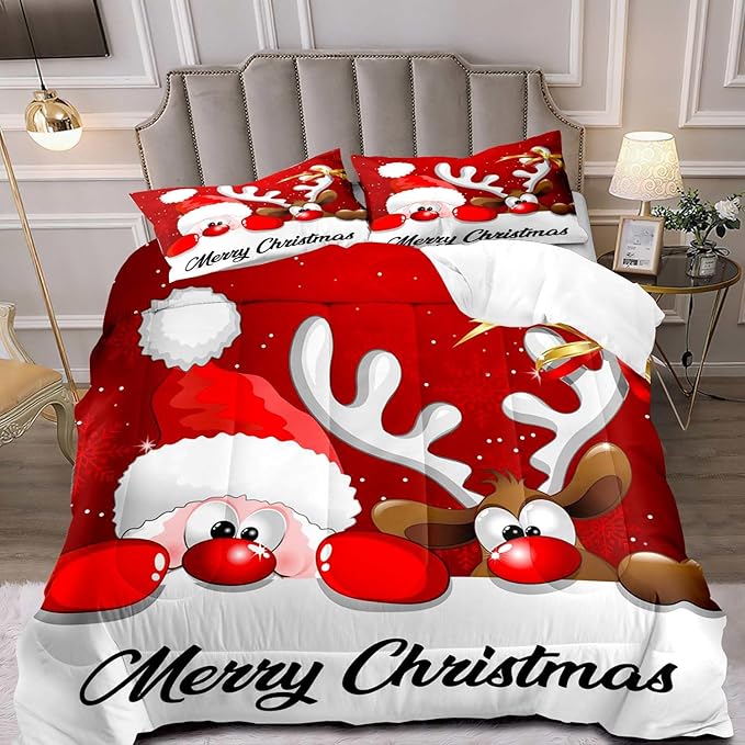LUVIVIHOME 2PCS Merry Christmas Comforter Set - Twin Size, Funny Santa Claus Bedding, Reindeer Cute Christmas Bedroom Decor for Kids Boys Girls Teens, Xmas Gifts, 1 Pillow Case