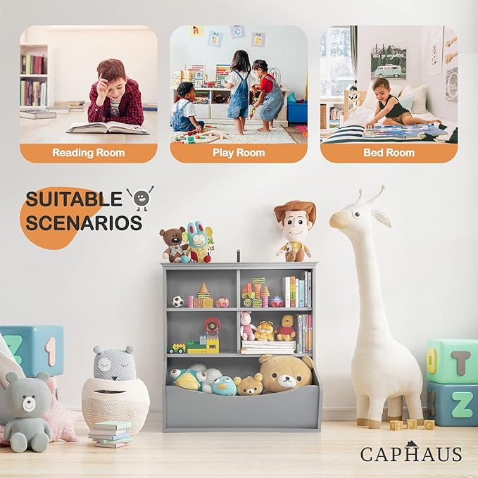 CAPHAUS Kids' Toy Storage Organizer, Open Cubby, Multifunctional Book and Cabinet, Shelf for Nursery, Playroom, Closet, Home Organization Bookcase, E. Grey - 33'' Height
