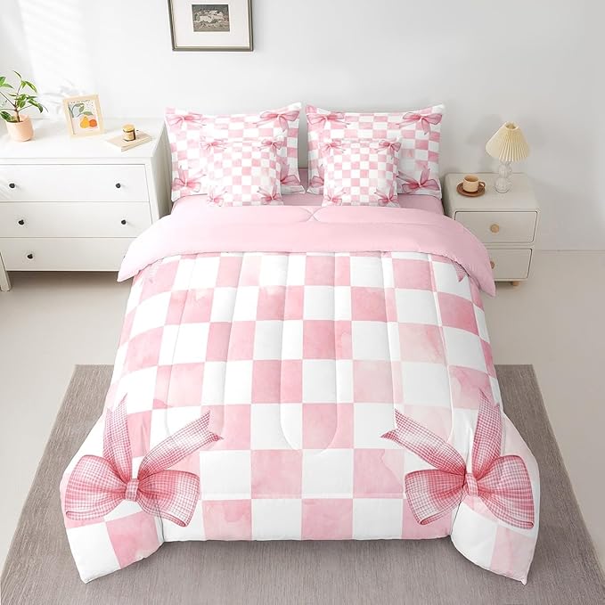 7 Pieces Pink Bowknot Kids Comforter Queen,Geometric Grid Checkered Patchwork Fashion Bedding Set,Bow Tie Knot Princess Chic Unique（Comforter+Fitted+Flat Sheet+2 Pillowcases+2 Throw Pillow Covers）