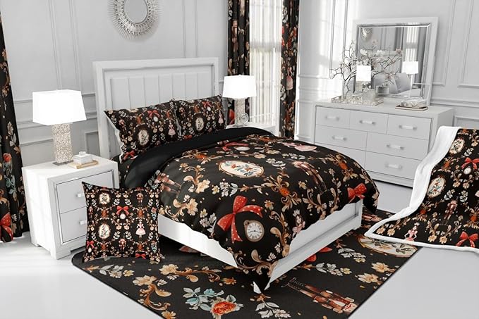 Feelyou Christmas Kids Comforter Set King Size Nutcracker Bedding Set Soldier Royal Guarder Princess Duvet Quilt for Kids Boys Girls Bedroom Flower Bow Decor Microfiber Ultra Soft Breathable