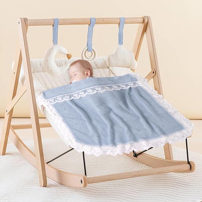 Booulfi Baby Blankets Neutral Knitted Blue Cotton Blue Baby Blanket Stroller Lace Border Crochet Winter Crib Baby Blanket New Baby Essentials
