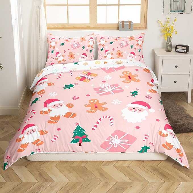 Feelyou Merry Christmas Bedding Set Cookies Candy Duvet Cover Set for Kids Boys Girls Gingerbread Man Comforter Cover Quilt Cover Bedroom Collection 2Pcs Toddler Size,No Comforter