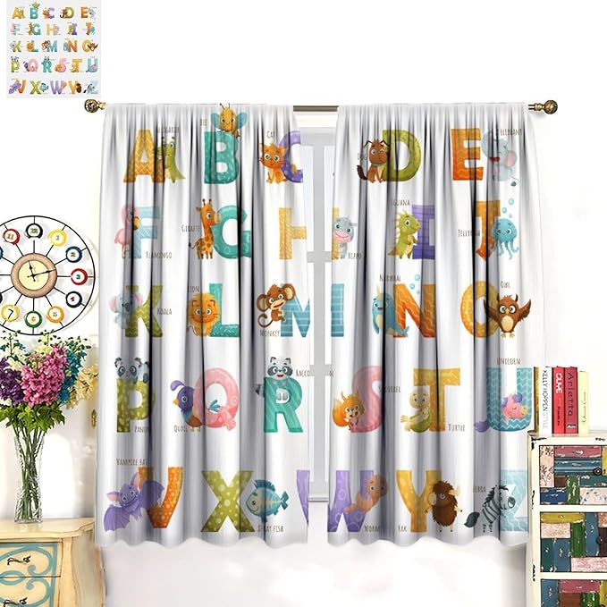 Kids Alphabet Curtains Educational Baby Cartoon Animals Colorful Cute Curtain with Rod Pocket for Nursery Living Room Home Decor Drapes Window Treatments 2 Panels Set 52x84in