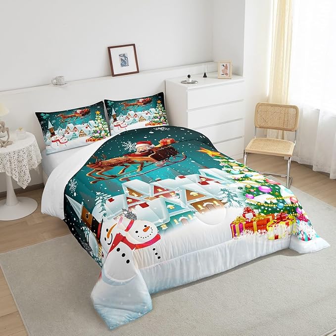Manfei Christmas Comforter Set King Size, Xmas Tree Snowman Bedding Set 3pcs for Kids Boys Girls Room Decor, Santa Claus with Reindeer Quilt Set New Year Theme Duvet Set with 2 Pillowcases
