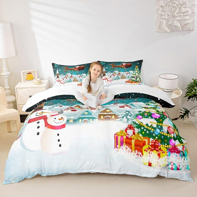 Manfei Christmas Duvet Cover Set King Size, Xmas Tree Snowman Bedding Set for Kids Boys Girls, Santa Claus with Reindeer Comforter Cover New Year Theme Quilt Cover with 2 Pillowcases, No Comforter