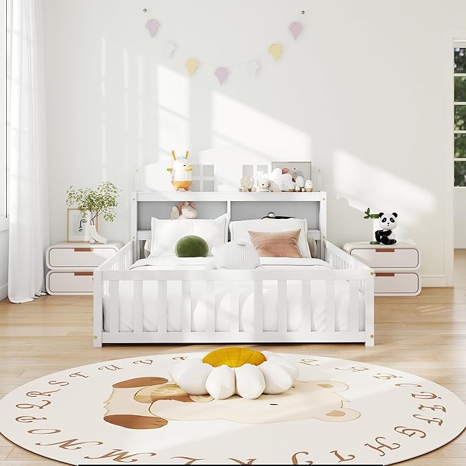 mikibama Twin Floor Bed for Kids, Wooden Montessori Bed Frame with Headboard Bookcase, Storage Shelves & Safety Fence Rails, Kids Floor Bed Frame with Door for Girls, Boys, White