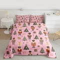 jejeloiu Xmas Nutcracker Comforter Set Toddler Size Christmas Pink Bedding Set for Kids Boys Girls Cute Snowflakes Duvet Quilt Bedroom Decor