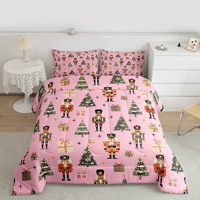 jejeloiu Xmas Nutcracker Comforter Set King Size Christmas Pink Bedding Set for Kids Boys Girls Cute Snowflakes Duvet Quilt Bedroom Decor