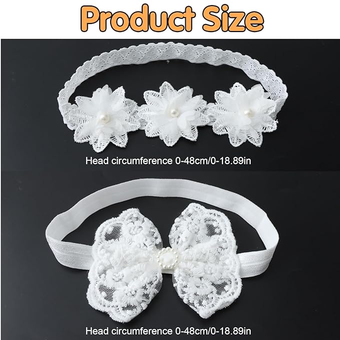 2 Pack 18-20in Elegant White Flower Christening Headbands for Baby Girl, Elastic Soft Lace with Cute Tulle Pearl Hair Strap (White flowers)