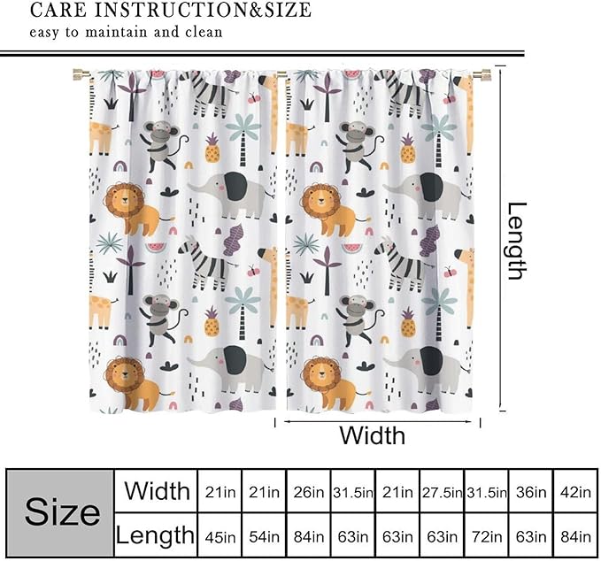 Cute Cartoon Animals Curtains Tropical Jungle Animals Elephant Giraffe Monkey Lion Modern Abstract Aesthetics for Kids Boys Bedroom Nursery Rod Pocket Decoration Window Drapes 2 Panels W21xL45in