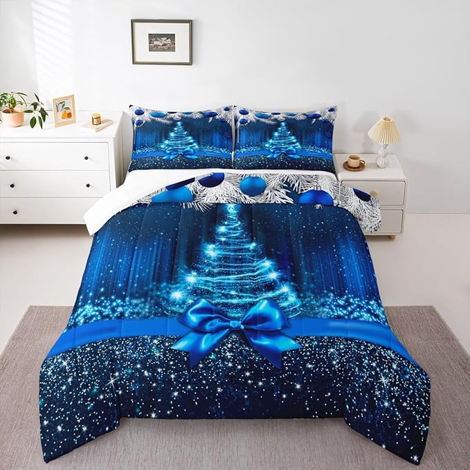Merry Christmas Kids Comforter Set Full Size,Snowflake Christmas Tree Bowknot Bedding Set,Girls Boys Adults Xmas Decor,Blue Gradient Line Glitter Down Comforter,Romantic Duvet Insert,2 Pillowcases