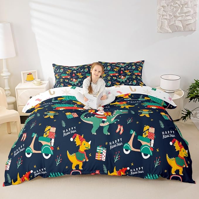 Christmas Bedding Set Cartoon Santa Claus Christmas Tree Comforter Cover for Kids Teens Cute Dino Race Cars Duvet Cover Breathable Gingerbread Man Bedspread Cover Room Decor Quilt Cover Queen Size
