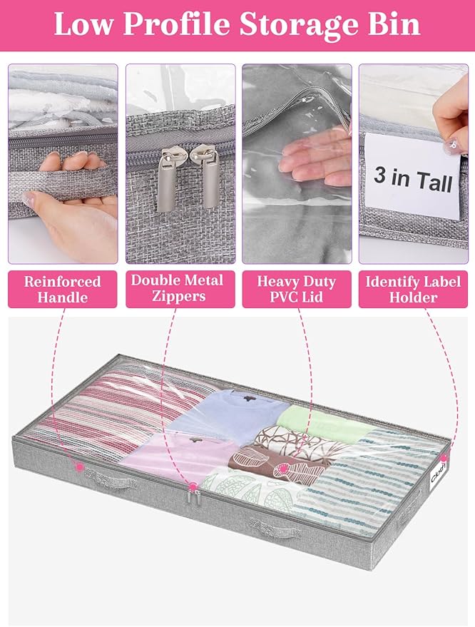 Low Profile Under Bed Storage, 3 Inches High Underbed Storage Containers Bins, NO STRUCTURE, Foldable Clothes Storage and Organizer with Lid & Zipper, Shallow Storage for Low Bed Couch Crib, 2-Pack