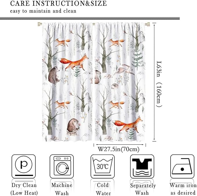 Rustic Forest Window Curtains, Watercolor Woodland Animals Owl Hedgehog Fox Butterfly Forest Squirrel and Bear Blackout Windows Door Curtain for Bedroom Living Room Home Decor 55x63in