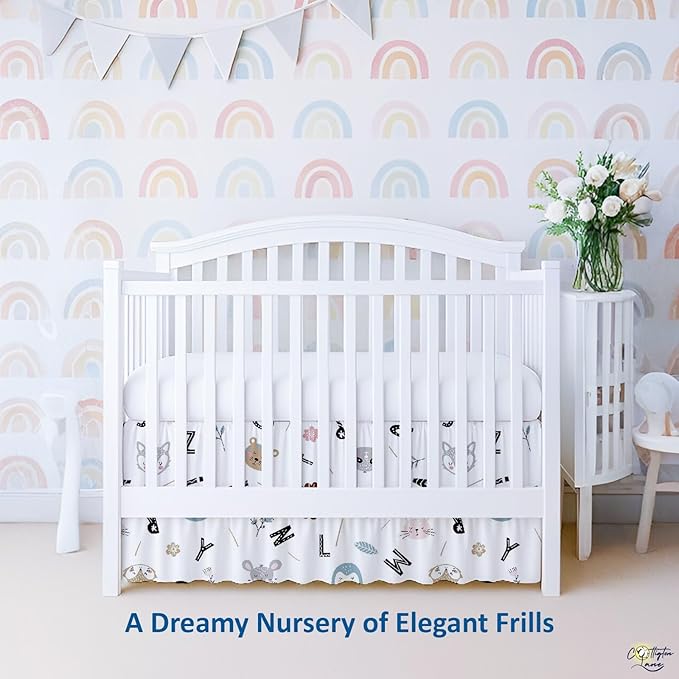 Cottington Lane Crib Skirt Dust Ruffle, 100% Natural Cotton, Soft, Durable Nursery Crib Toddler Bedding Skirt for Baby Girls or Boys, Fits Standard Cribs 28" x 52" with 14" Drop, Alphabet Adventure