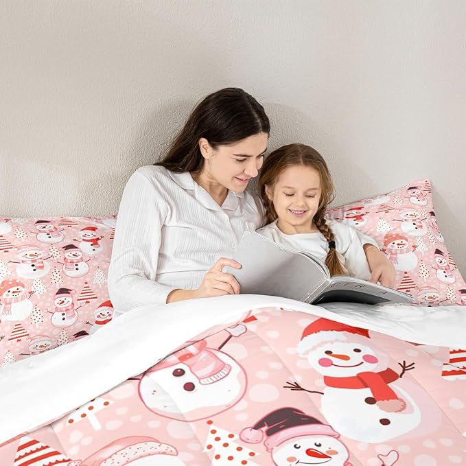 Manfei Christmas Comforter Set Twin Size, Snowman and Xmas Trees Down Comforter with 1 Pillowcase, New Year Pink Bedding Set 2pcs for Kids Girls Adults Bedroom Decor Lightweight Duvet Insert