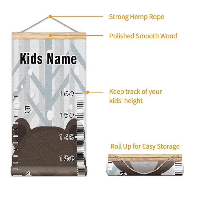 Personalized Kids Name Growth Chart Ruler for Wall Wood Frame Height Measure Chart 13.4x56 in Linen Hanging Height Growth Chart Lovely Bear Before Forest Kids Room Decor