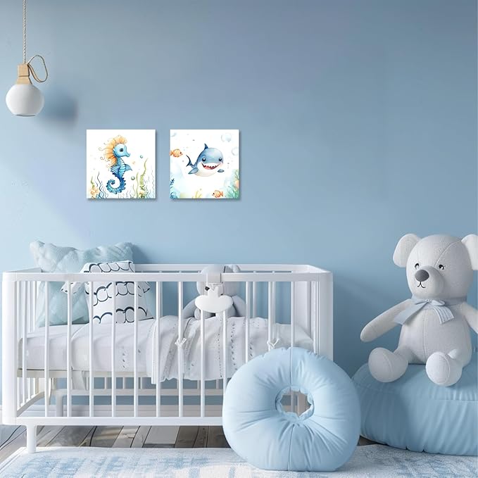 2 Piece Ocean Sea Canvas Wall Art for Nursery Decor - Cute Baby Seahorse Shark Underwater Paintings Pictures Ocean Theme Sea Life Posters Prints for Kids Room Bathroom Decor(Artwork-02, 12"x12"x2P)