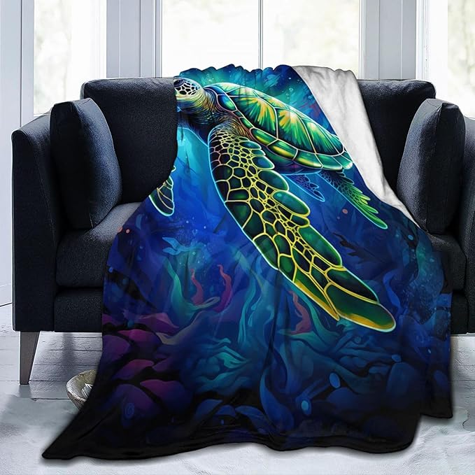 Sea Turtle Blue Blanket Turtles Shell Waves Flannel Throw Blankets for Home Decor Couch Bed Sofa Soft Fuzzy Lightweight Gifts for Kids Adults 80x60 Inches