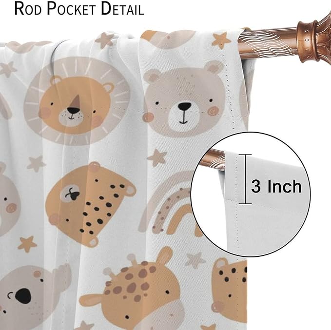Cartoon Boho Animal Curtains,Funny Forest Safari Print,Cute African Wildlife Koala Giraffe Lion Leopard Bear Rainbow Blackout Window Drapes for Boys Girls Kids Baby Child Bedroom 63x63in