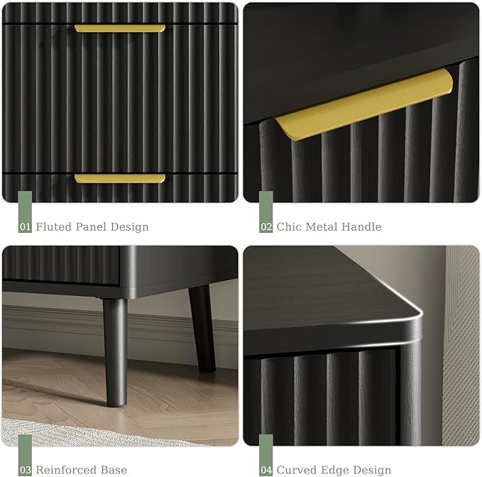 LYNSOM Fluted Dresser and Nightstand Sets 2 Piece, 2-Drawer Nightstands and 7-Drawers Dresser, Wood Bedroom Furniture Set for Home, Bedroom, Hallway, Black