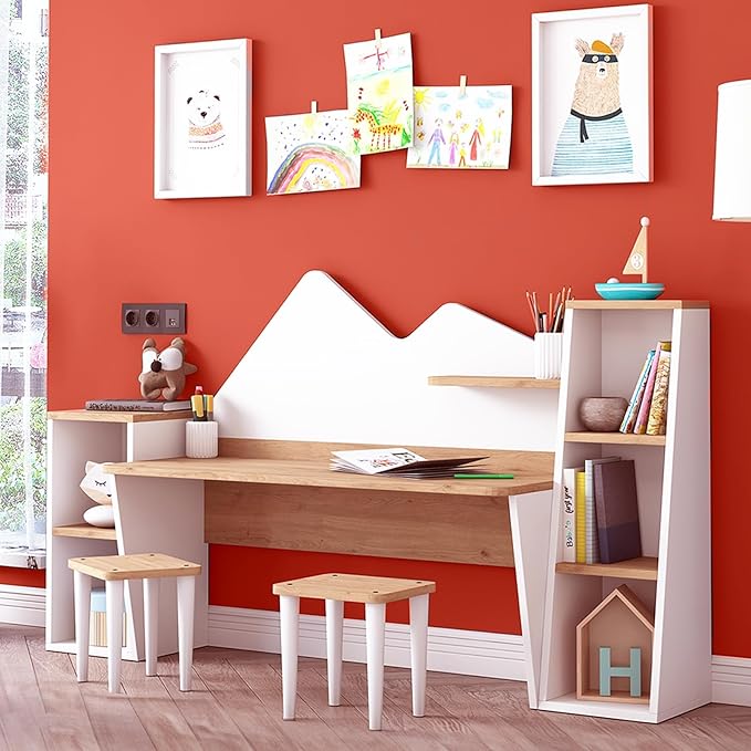 Kid's Study Desk with Bookshelf + 2 Stools for Ages 3-8, Wooden Children Activity Table with Hutch and Shelves, Kids Bedroom Study Desk with Storage