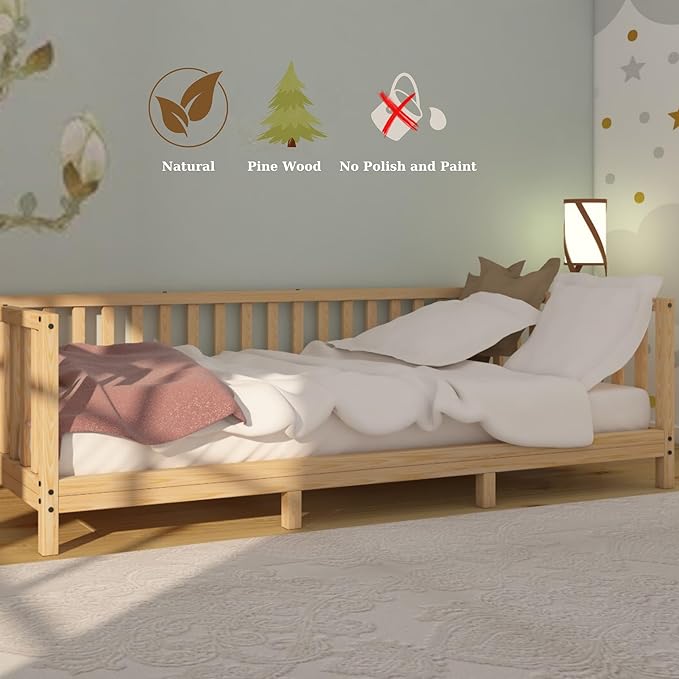 Montessori Floor Bed Designed with Open Front and Footed model for Girls and Boys | Pine Wood Natural Solid Frame Beds with Slats | Sturdy Designed Floor Bed Frame for Kids (Queen, Height : 23 Inches)