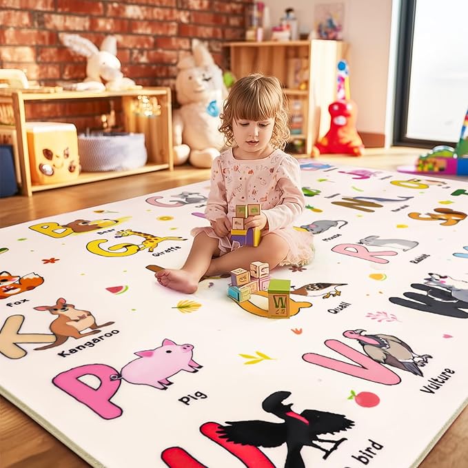 Kids Rugs for Playroom, 3x4 Feet Educational Rug for Learn The ABC Alphabet, Soft Machine Washable Non-Slip Cute Cartoon Animals Carpet for Classroom Toddler Nursery Kids Room Decor, Beige