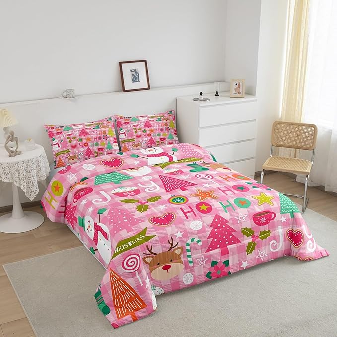 Merry Christmas Kids Comforter Set Queen Size,Cartoon Santa Claus Snowman Deer Xmas Bedding Set,Boys Girls Adults Room Decor,Geometric Grids Down Comforter,Pink Romantic Duvet Insert,2 Pillowcases