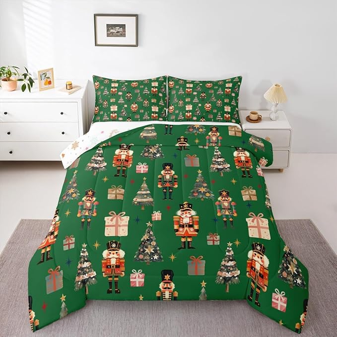 jejeloiu Xmas Nutcracker Comforter Set Queen Size Christmas Green Bedding Set for Kids Boys Girls Cute Snowflakes Duvet Quilt Bedroom Decor