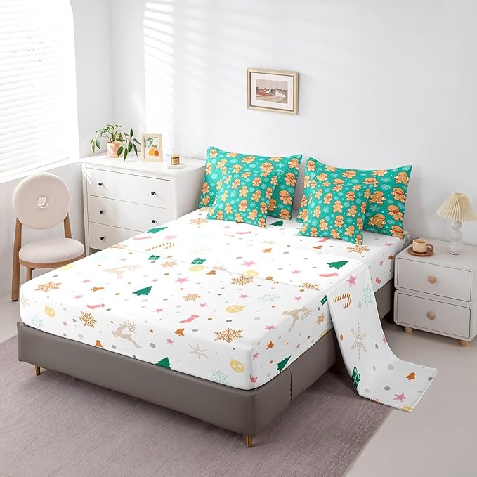 Erosebridal Christmas Gingerbread Queen Bedding Set 7 Piece,Cute Gingerbread Man Bed in A Bag,Xmas Snowflake Comforter Set Kawaii Xmas Sheet Set with Comforter,Green Christmas Decoration