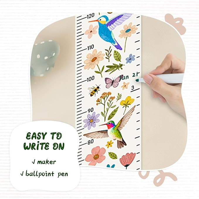 Personalized Name Height Chart for Kids, Kids Growth Chart for Wall, 59" X 7.9" Canvas Removable Height Chart Measuring Ruler for Kids & Baby(Painted Birds and Flowers）
