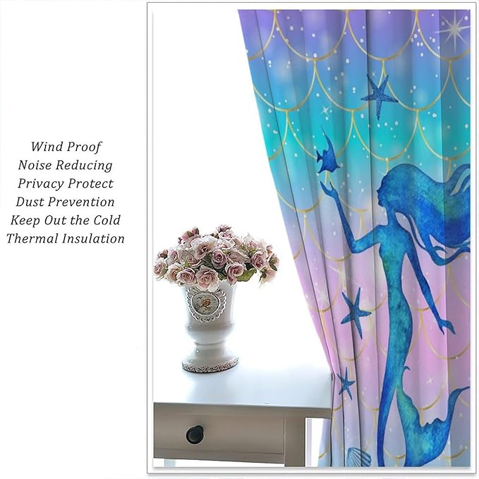 Mermaid Scale Curtains for Kids Girls Magic Gradient Mermaid Fish Scale Pattern Decoration Bedroom Nursery Curtains 63x72 Inch
