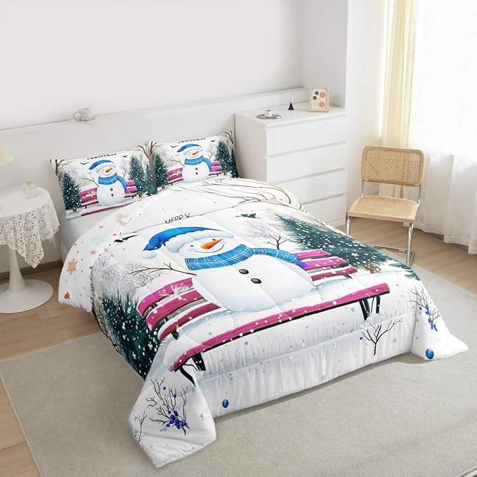 Feelyou Merry Christmas Bedding Set Soft for Boys Girls, Cute Snowman Comforter Set King Size Snowflake Duvet Quilt Microfiber Christmas Tree Bedroom Decor 3 Pcs with 2 Pillow Cases