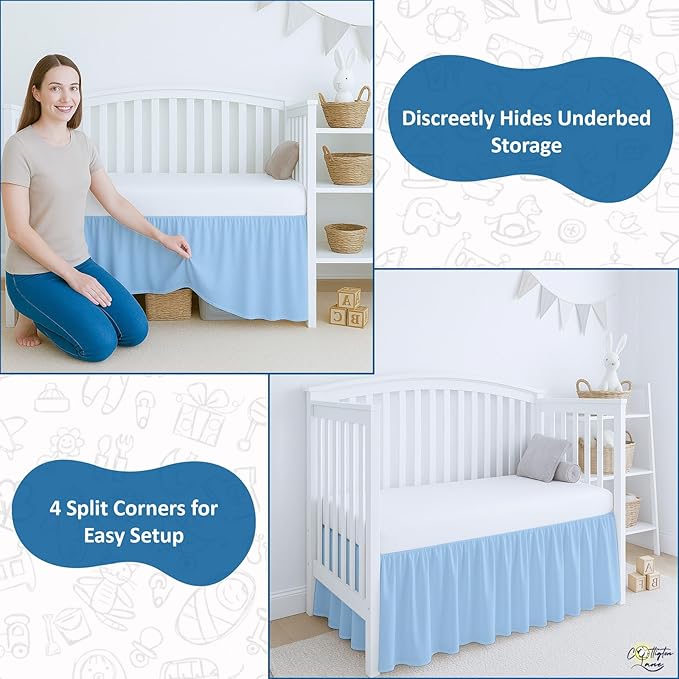 Cottington Lane Light Blue Crib Skirt Dust Ruffle, 100% Natural Cotton, Soft, Durable Nursery Crib Toddler Bedding Skirt for Baby Girls or Boys, Fits Standard Cribs 28" x 52" with 14" Drop
