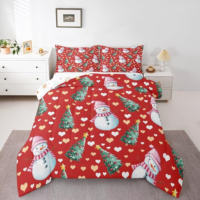Feelyou Merry Christmas Comforter Set Twin Size Cute Snowman Bedding Set for Kids Boys Girls Christmas Tree Duvet Quilt Love Hearts Microfiber 2 Pcs with 1 Pillow Cases