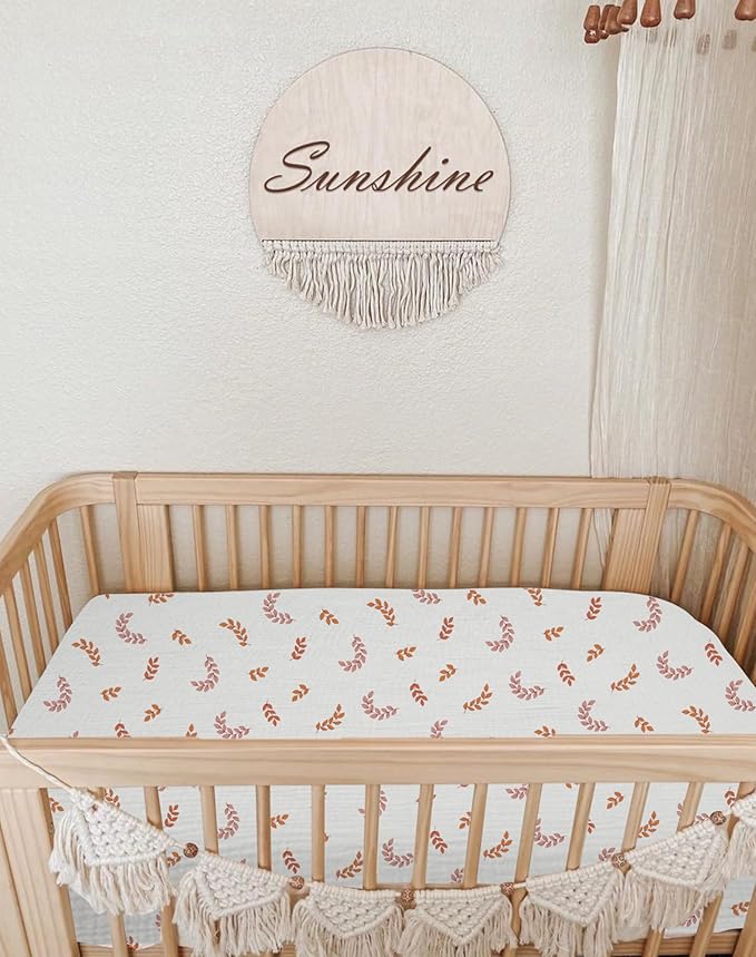 Pack and Play Sheets for Baby Boys and Girls 39"x27"x3", Neutral Muslin Cotton Pack N Play Mattresses Sheet with Boho Style, Soft and Breathable Comfort (Leaf)