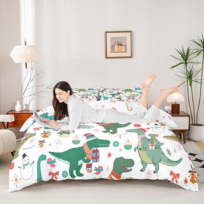 Feelyou Christmas Dinosaur Decorative Comforter Cover Twin Size Cartoon Snowman Duvet Cover Xmas Bow Snowflake Bedding Set Gifts for Kids Boys Girls 1 Pillow Case