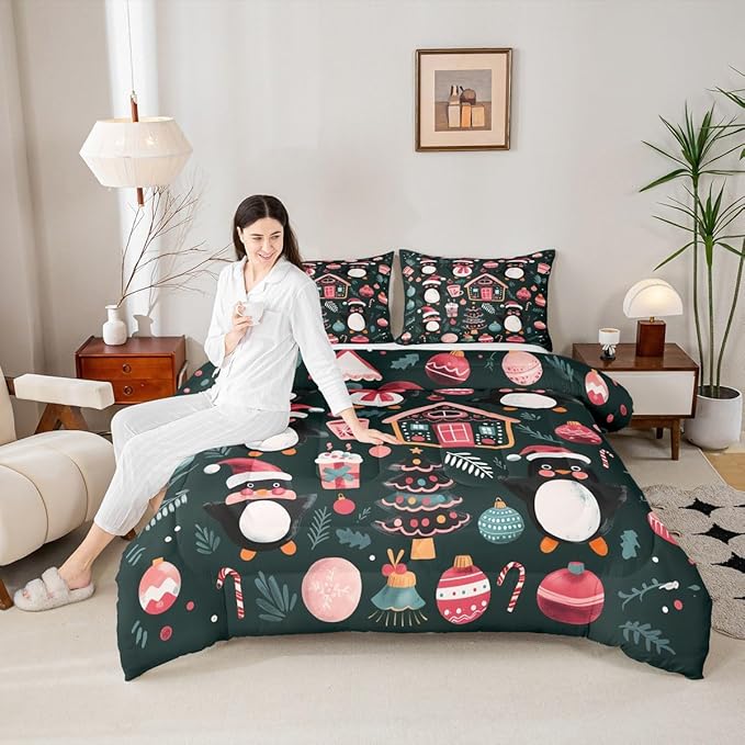 Feelyou Christmas Kids Comforter Set Twin Size Xmas Tree Ball Bedding Set Penguin Duvet Quilt for Kids Boys Girls Bedroom Gingerbread Houses Decor Microfiber Ultra Soft Breathable