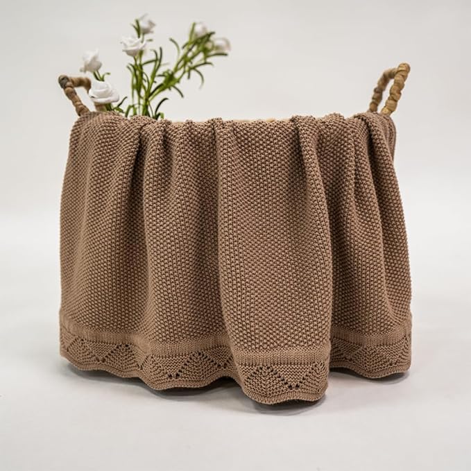 Baby Knit Blanket Soft Breathable Cotton Scallop Border Blankets Newborn Knitted Blanket Swaddle Blankets Gifts for Baby Newborn Toddler Shower Boy Girl New Mom Birthday Christmas Mocha 30x40